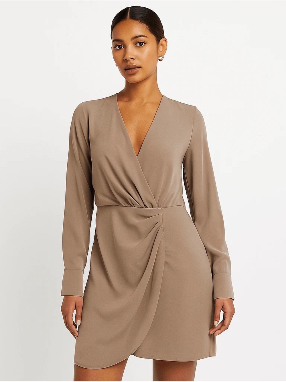 Abercrombie & Fitch Taupe Faux-Wrap Midi Dress